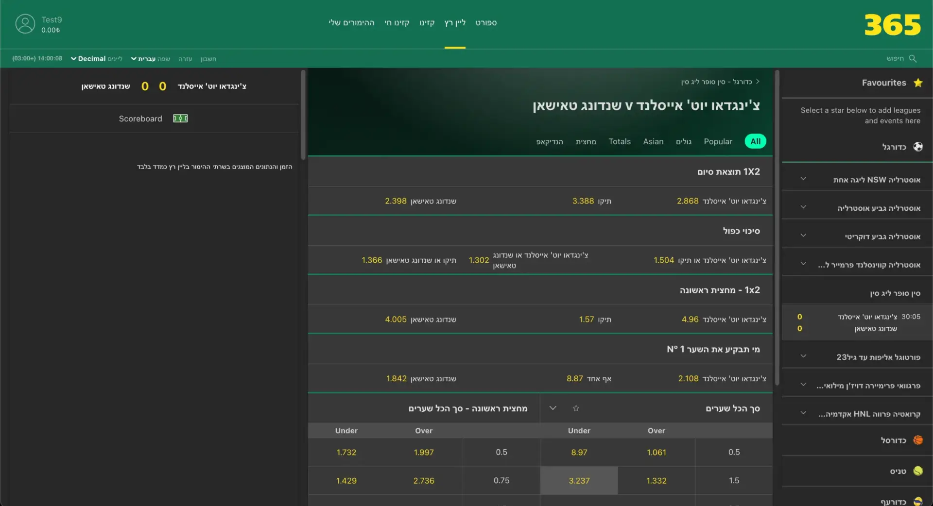 צילום מסך של בט 365 בעברית בקטגוריית ליין רץ